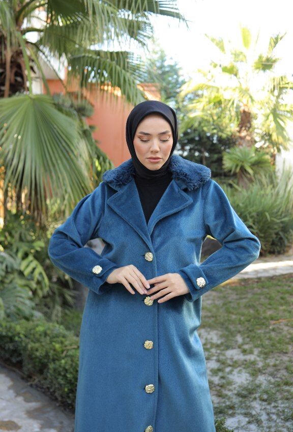 Angora Tay Tüyü Kumaş Kaban Petrol Mavisi