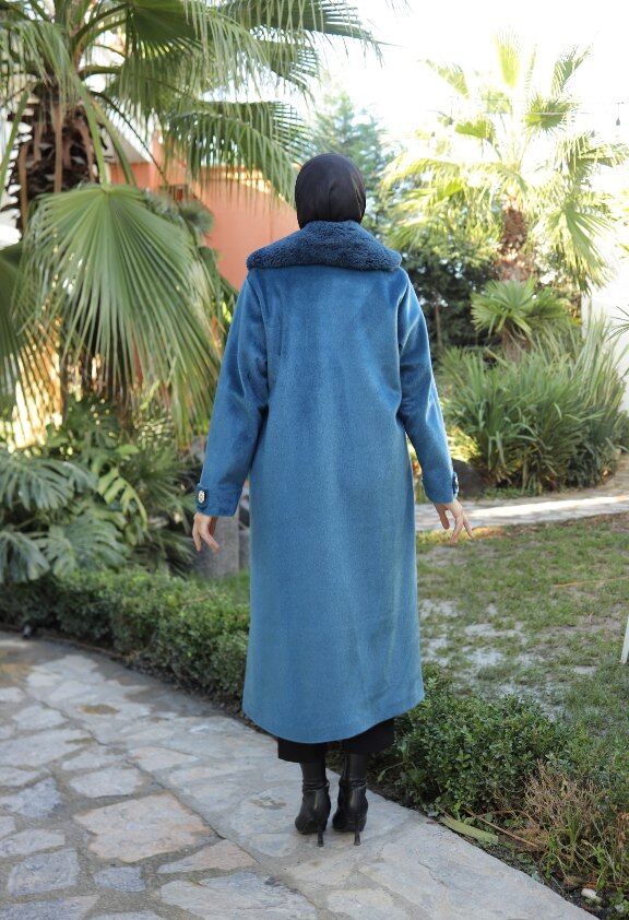 Angora Tay Tüyü Kumaş Kaban Petrol Mavisi