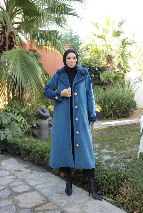 Angora Tay Tüyü Kumaş Kaban Petrol Mavisi