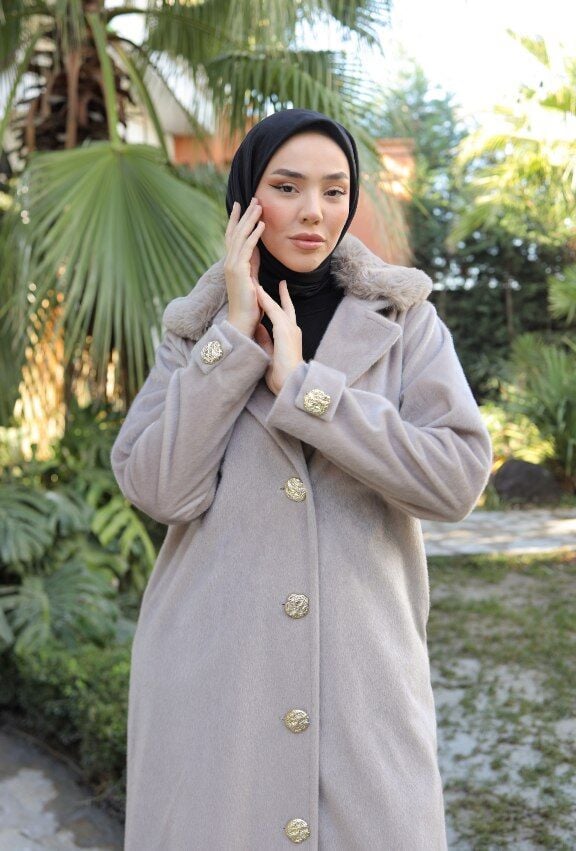 Angora Tay Tüyü Kumaş Kaban Bej