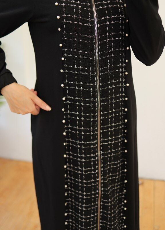 İnci Detaylı Pamuklu Kumaş Mevsimlik Giy-Çık Ferace