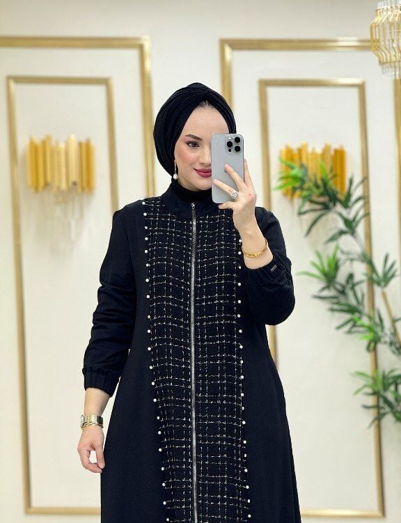 İnci Detaylı Pamuklu Kumaş Mevsimlik Giy-Çık Ferace