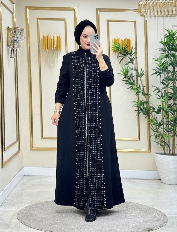 İnci Detaylı Pamuklu Kumaş Mevsimlik Giy-Çık Ferace