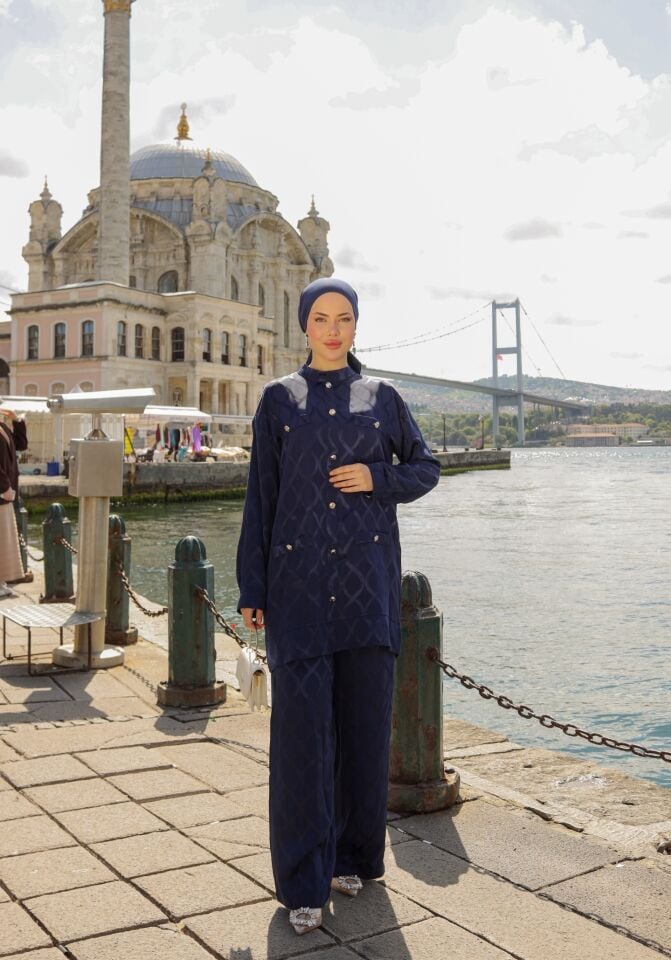 ZİNCİR DESEN JAKAR KUMAŞ TAKIM LACİVERT