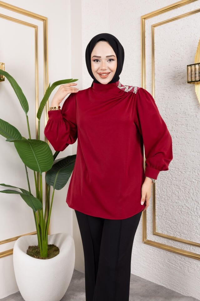 OMZU TAŞLI  BLUZ BORDO