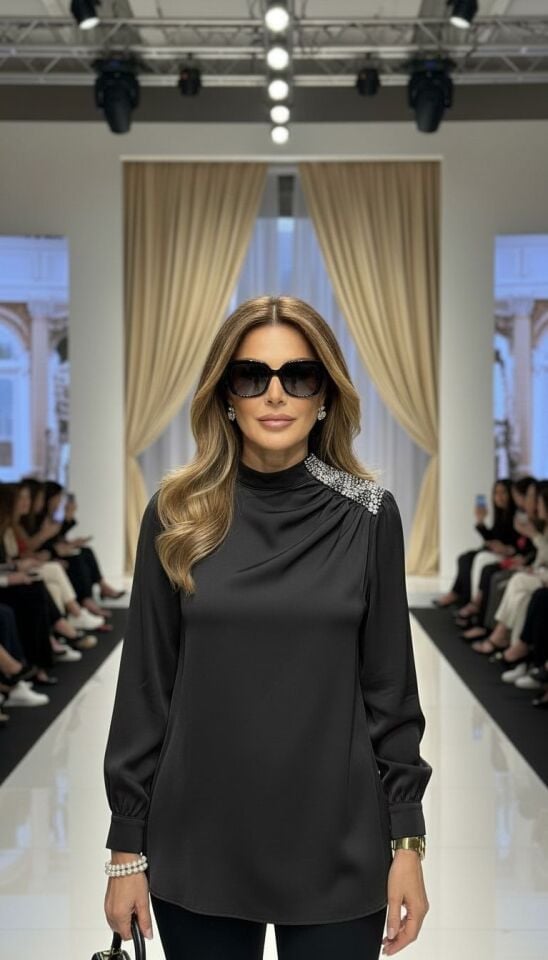 OMZU TAŞLI BLUZ SİYAH