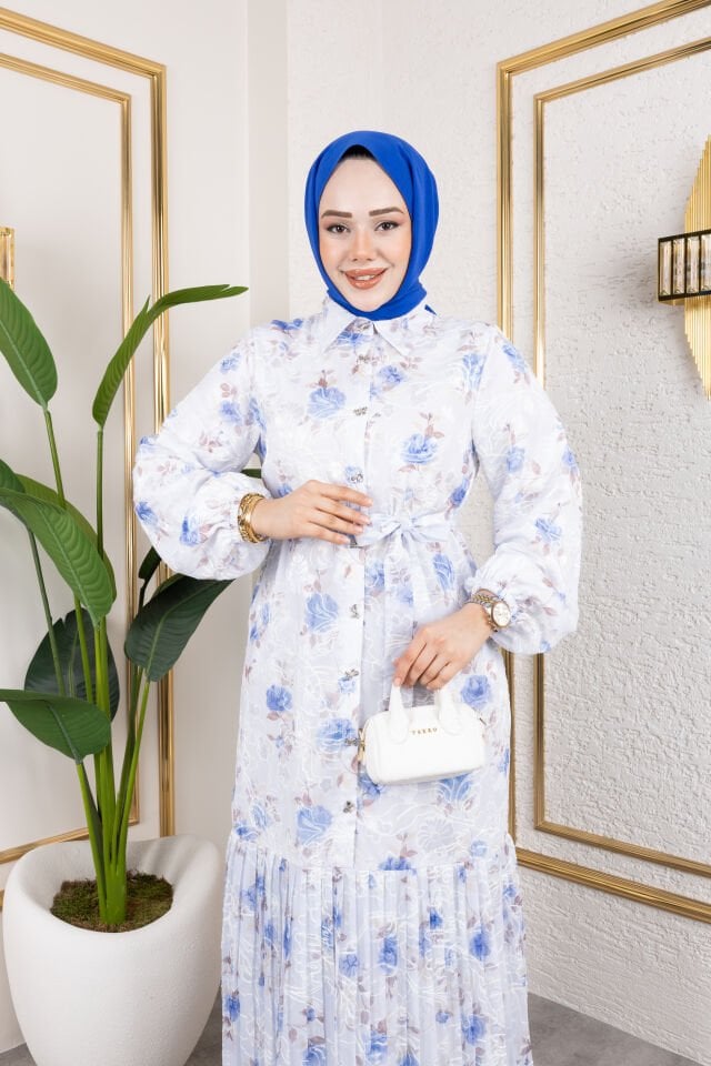 NAKIŞLI MAVİ ÇİÇEK DESEN  ELBİSE