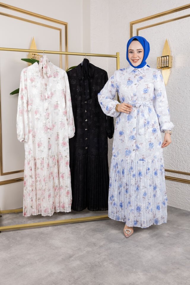 NAKIŞLI MAVİ ÇİÇEK DESEN  ELBİSE