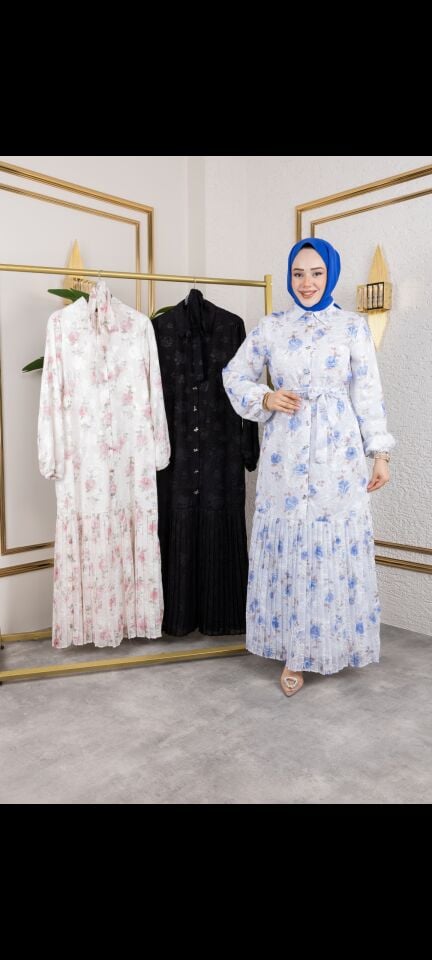 NAKIŞLI MAVİ ÇİÇEK DESEN  ELBİSE