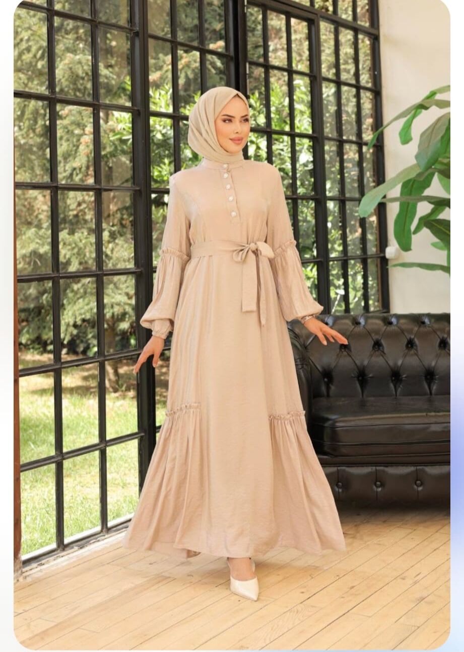 KOLU BÜZGÜLÜ BEJ ELBİSE