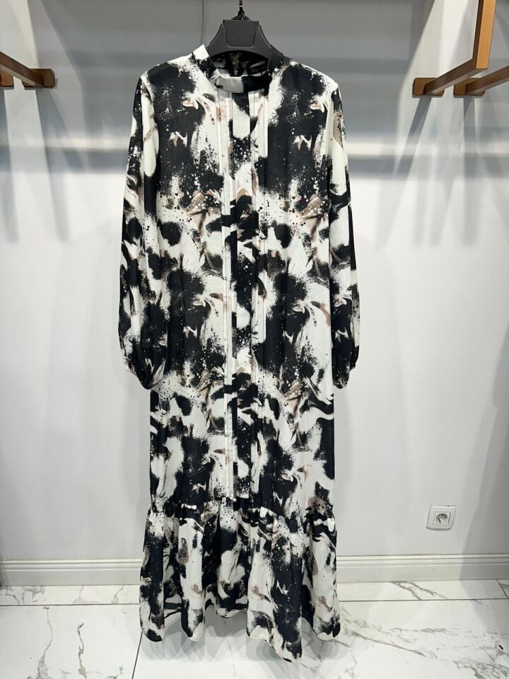 DESENLİ KETEN KUMAŞ ELBİSE