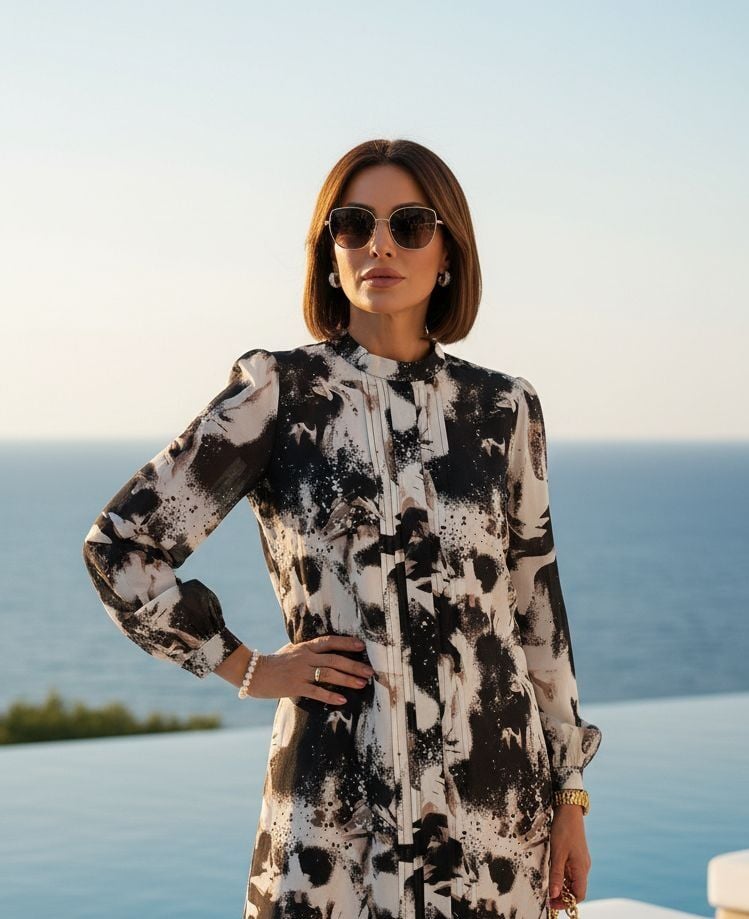 DESENLİ KETEN KUMAŞ ELBİSE