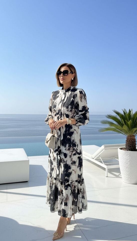 DESENLİ KETEN KUMAŞ ELBİSE