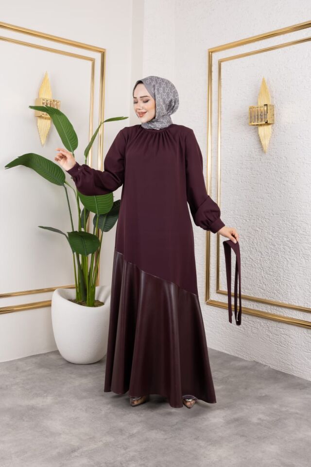DERİ VOLAN DETAYLI ELBİSE BORDO