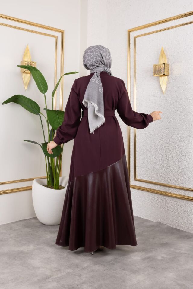 DERİ VOLAN DETAYLI ELBİSE BORDO