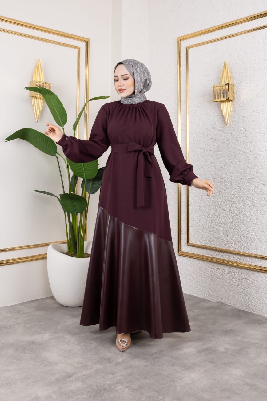 DERİ VOLAN DETAYLI ELBİSE BORDO