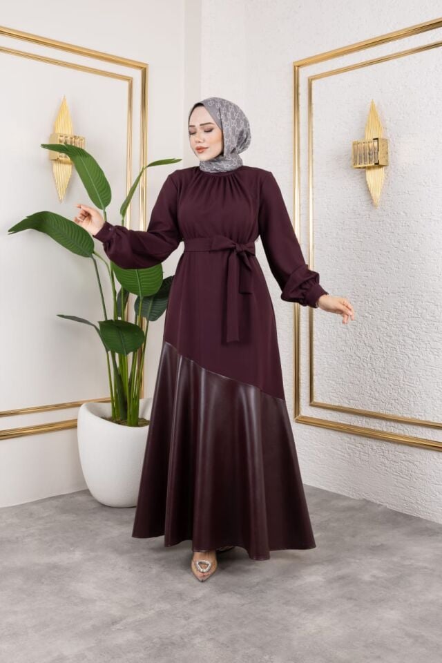 DERİ VOLAN DETAYLI ELBİSE BORDO
