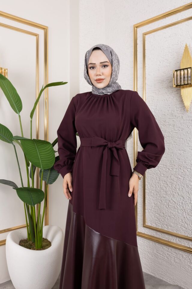 DERİ VOLAN DETAYLI ELBİSE BORDO