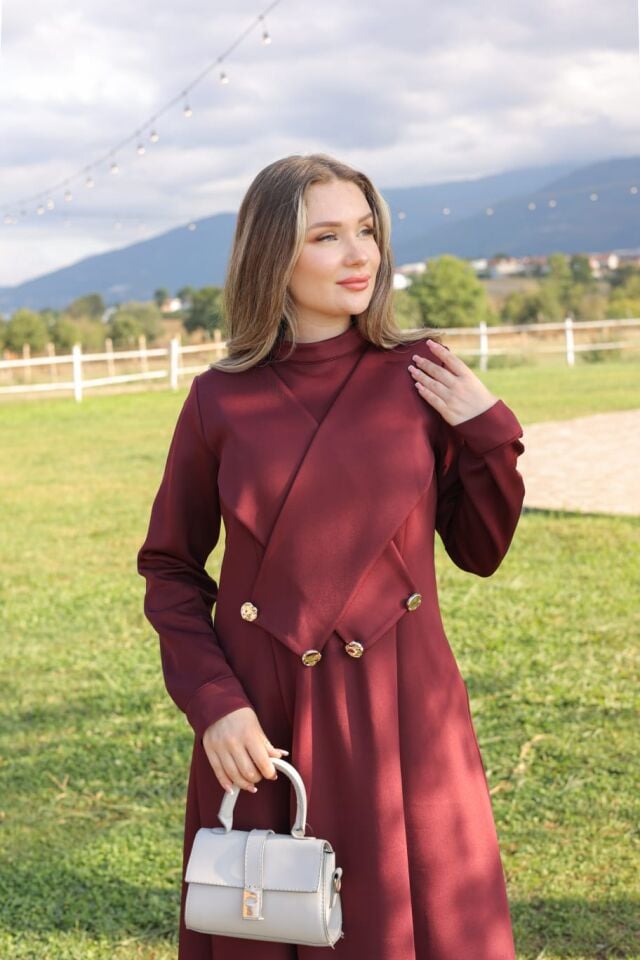 ÇAPRAZ DÜĞME DETAYLI ELBİSE BORDO
