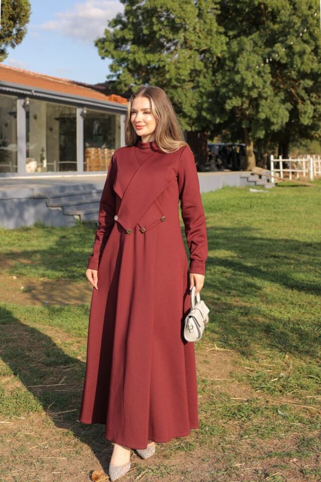 ÇAPRAZ DÜĞME DETAYLI ELBİSE BORDO