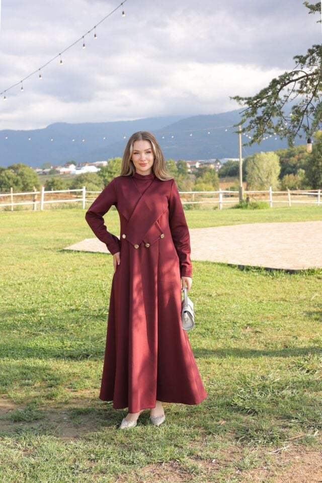 ÇAPRAZ DÜĞME DETAYLI ELBİSE BORDO