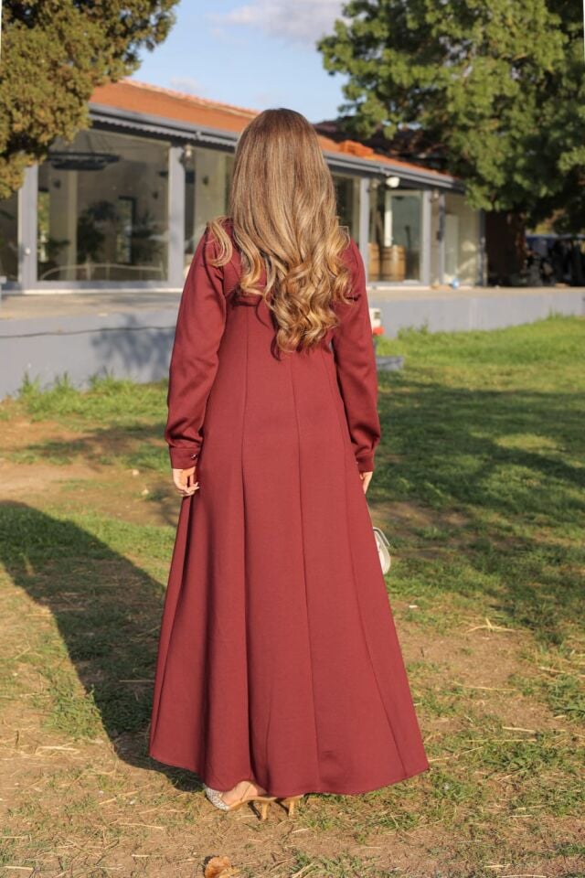 ÇAPRAZ DÜĞME DETAYLI ELBİSE BORDO