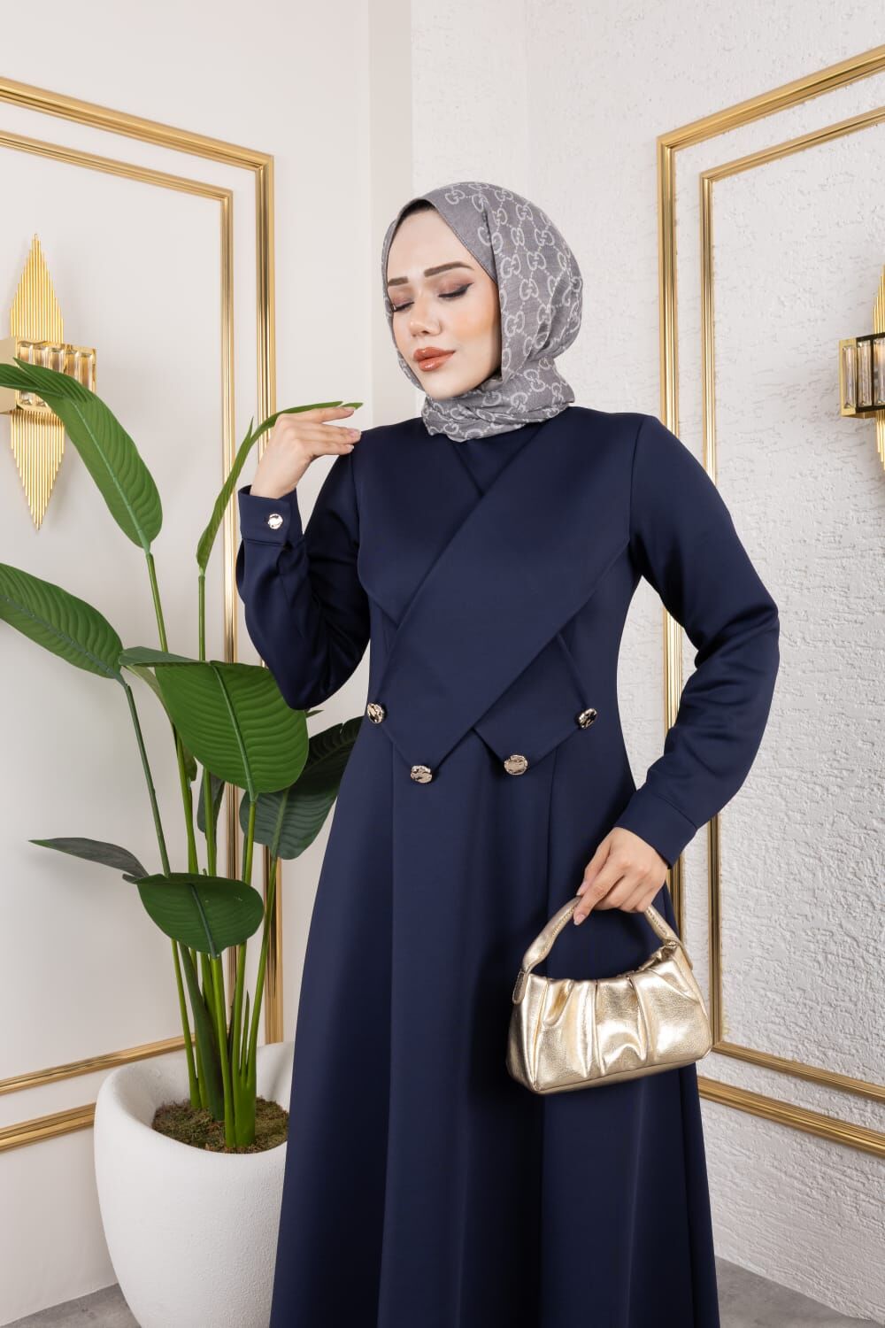 ÇAPRAZ DÜĞME DETAYLI ELBİSE LACİVERT