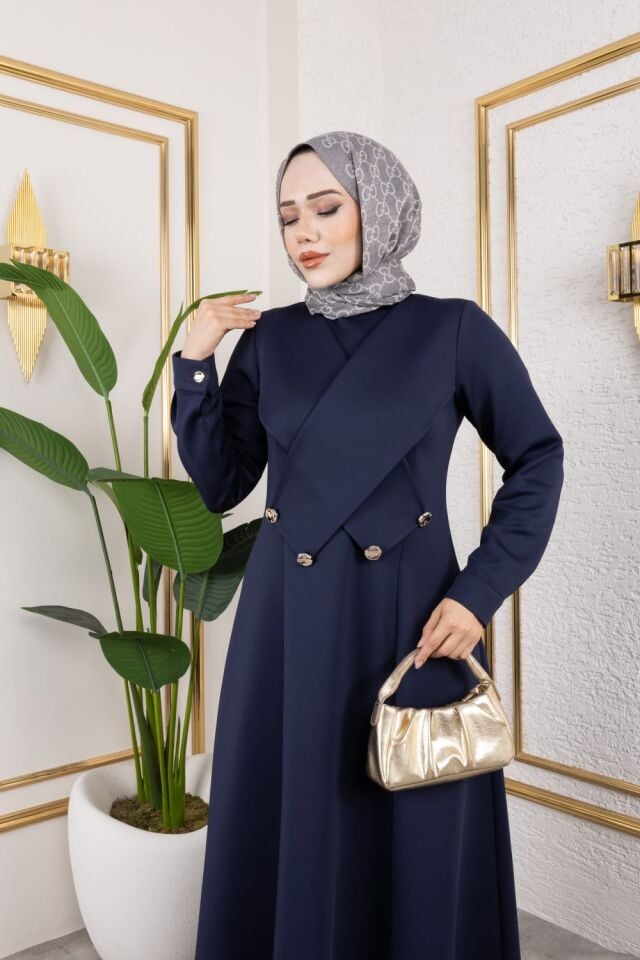 ÇAPRAZ DÜĞME DETAYLI ELBİSE LACİVERT