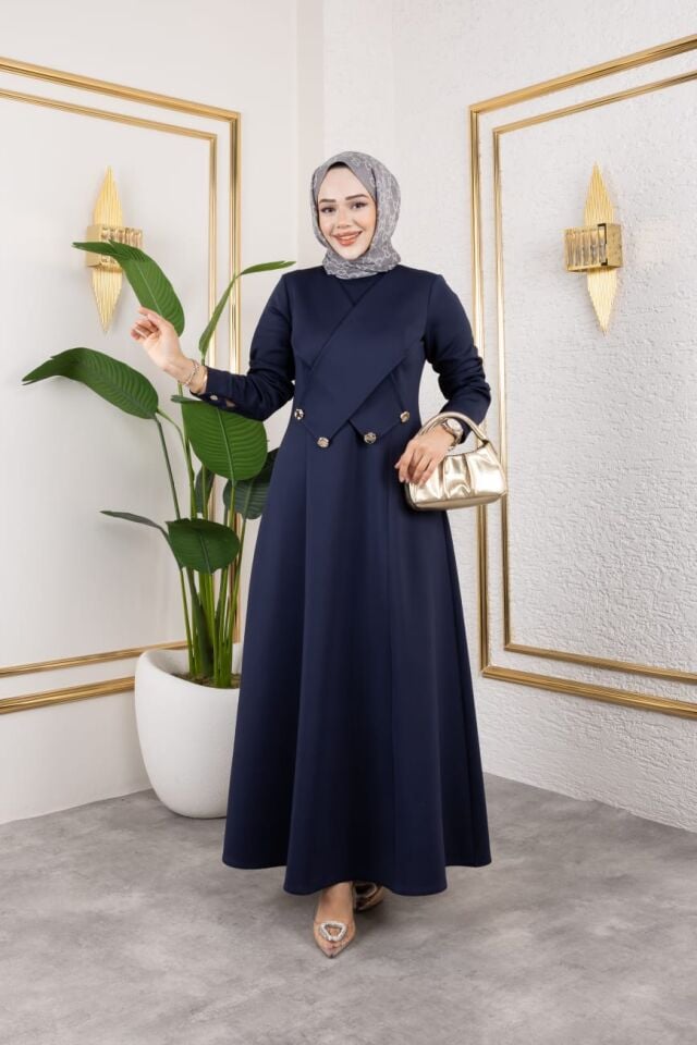 ÇAPRAZ DÜĞME DETAYLI ELBİSE LACİVERT