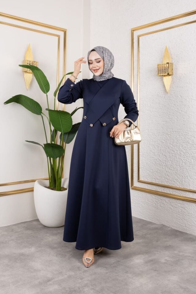 ÇAPRAZ DÜĞME DETAYLI ELBİSE LACİVERT