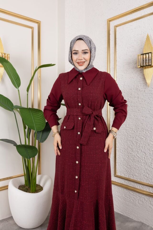 TÜVİT KUMAŞ ELBİSE BORDO