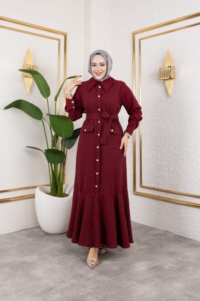 TÜVİT KUMAŞ ELBİSE BORDO