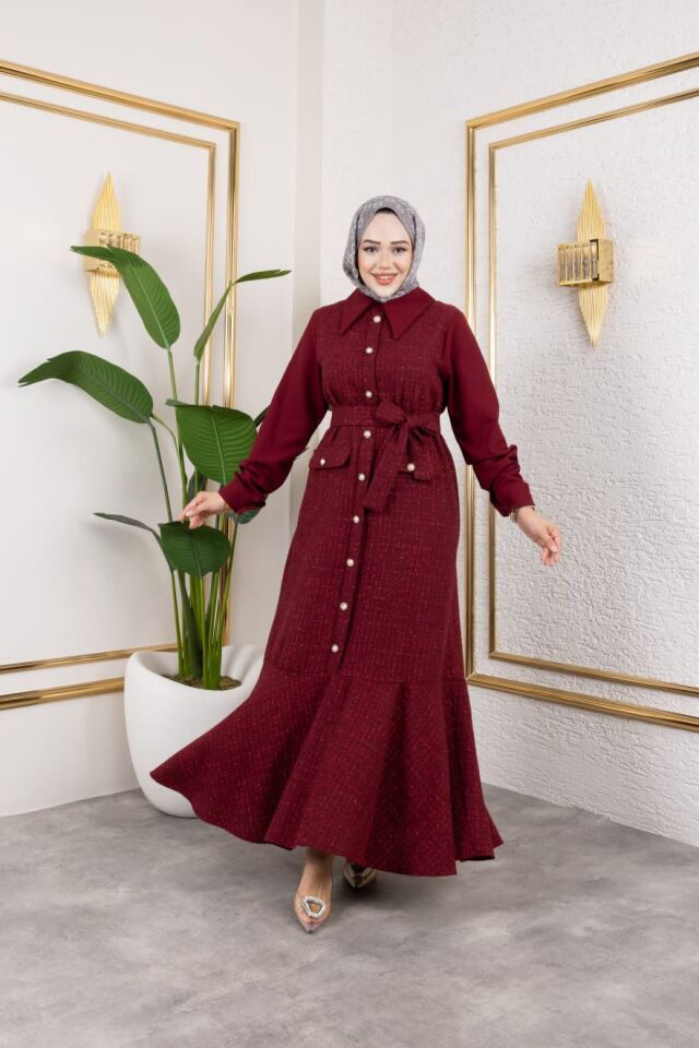 TÜVİT KUMAŞ ELBİSE BORDO