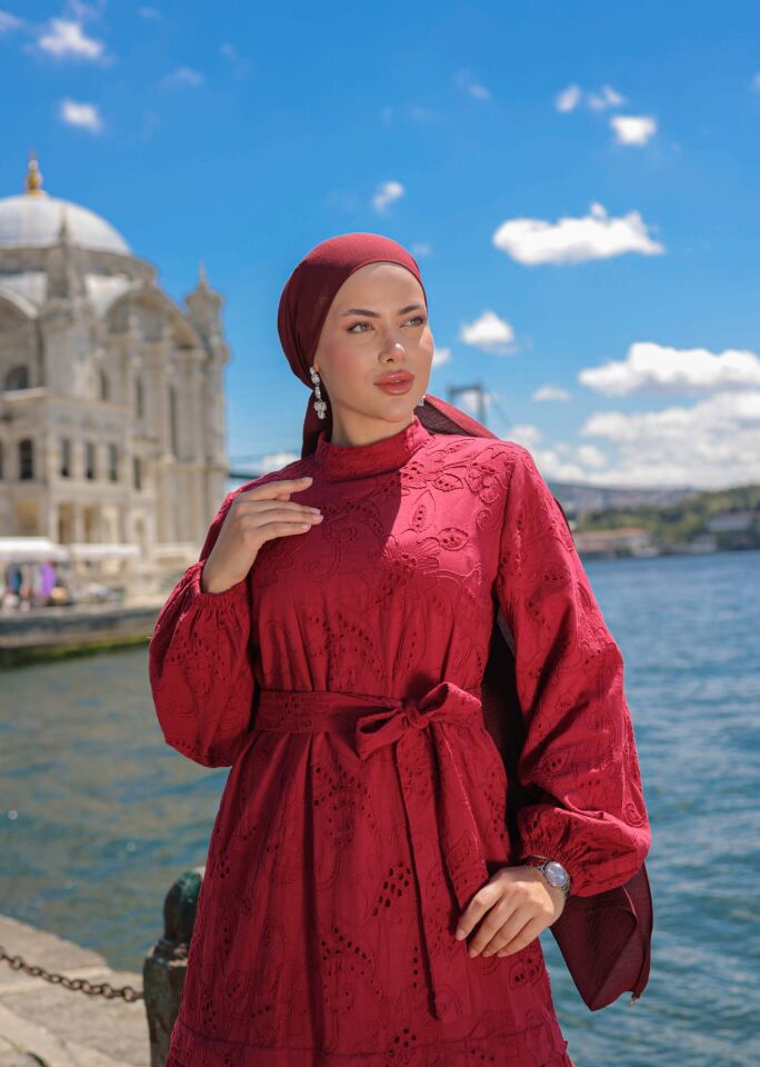 ELİTE PAMUK BRODE ELBİSE BORDO