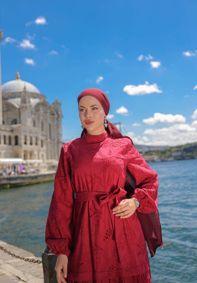 ELİTE PAMUK BRODE ELBİSE BORDO
