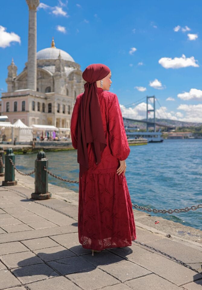 ELİTE PAMUK BRODE ELBİSE BORDO