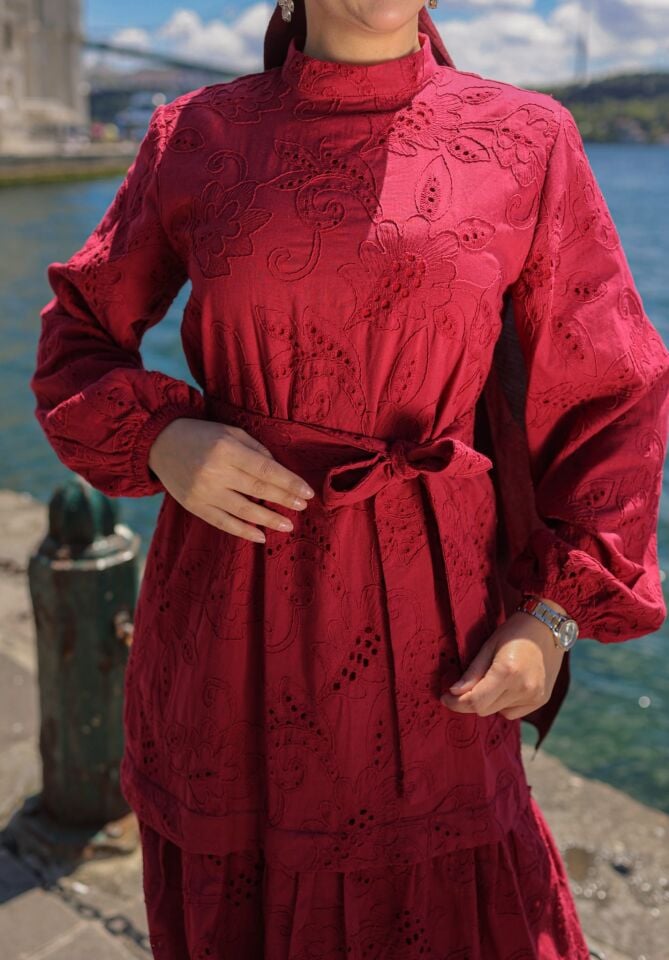 ELİTE PAMUK BRODE ELBİSE BORDO