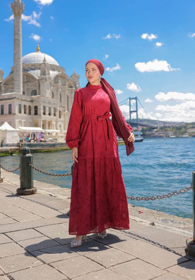 ELİTE PAMUK BRODE ELBİSE BORDO