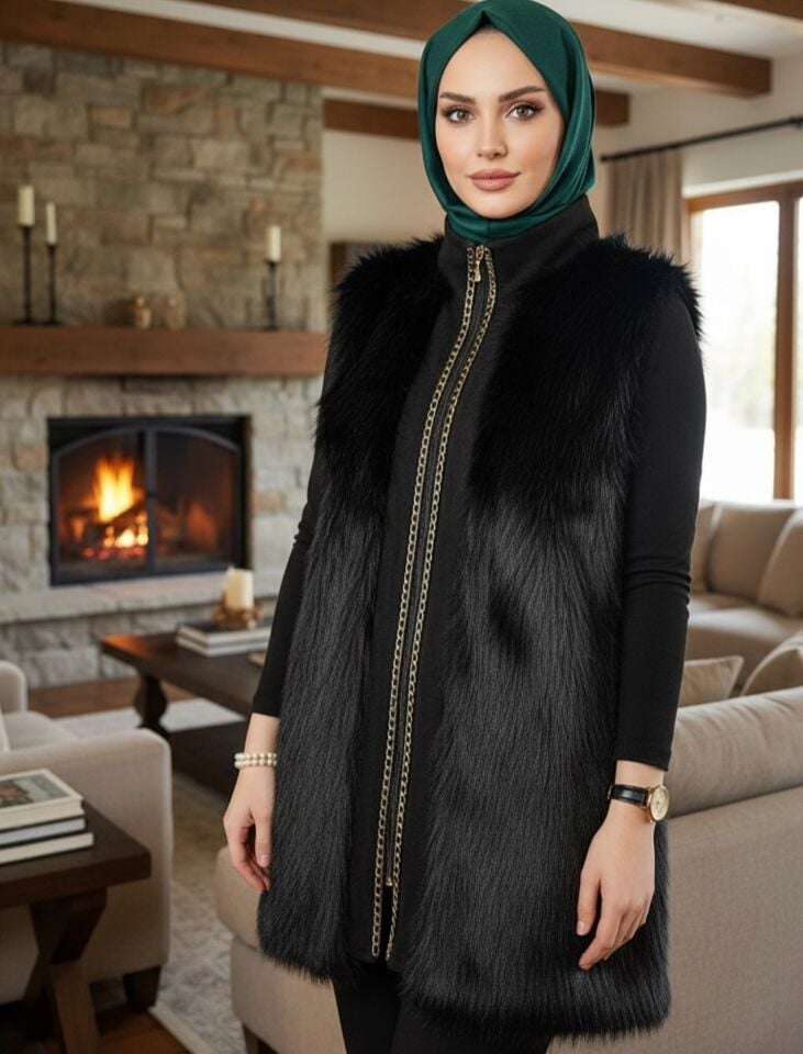 VEGAN KÜRK YELEK SİYAH