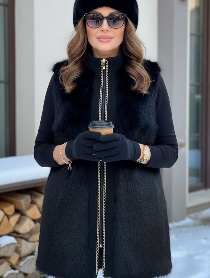 VEGAN KÜRK YELEK SİYAH