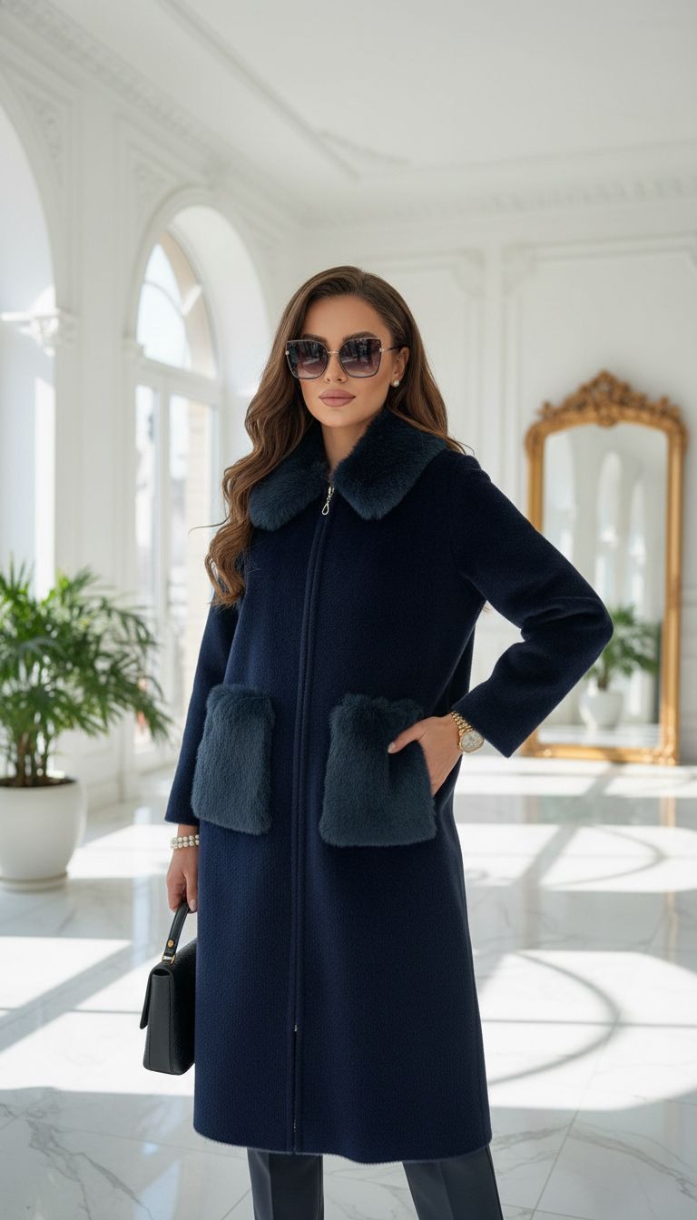 PELUŞ CEPLİ KÜRK KABAN LACİVERT