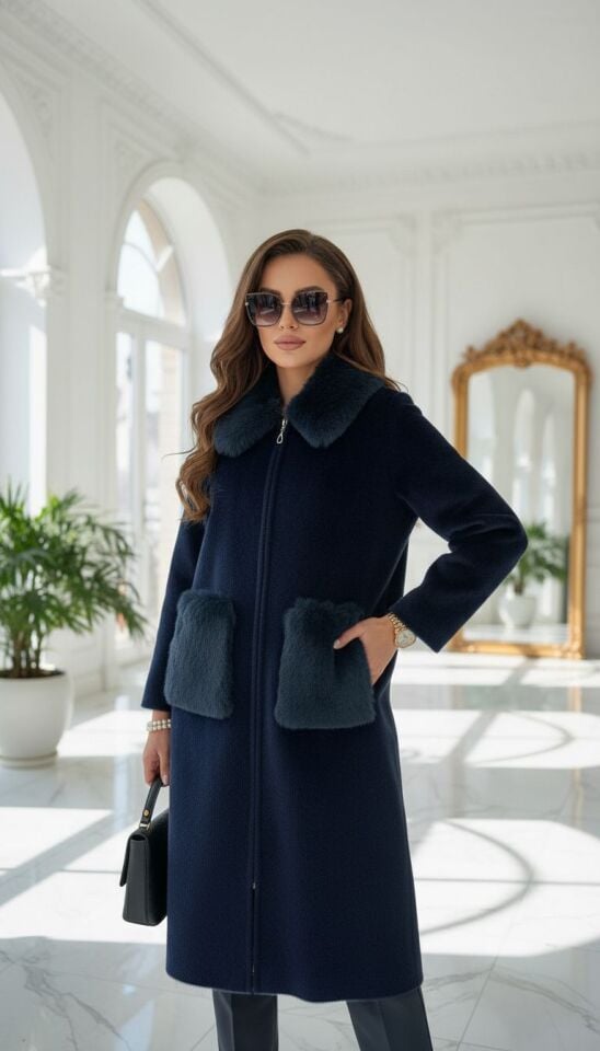 PELUŞ CEPLİ KÜRK KABAN LACİVERT