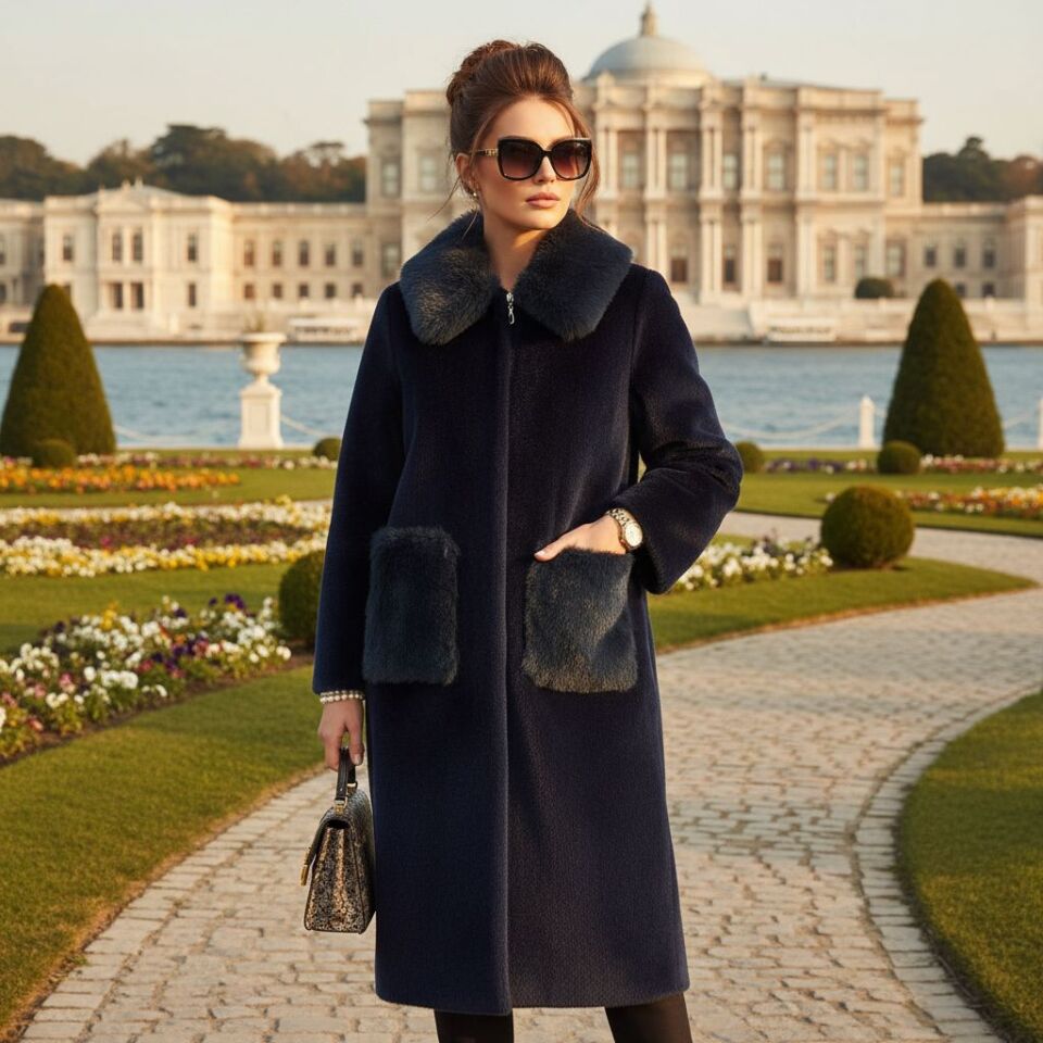 PELUŞ CEPLİ KÜRK KABAN LACİVERT