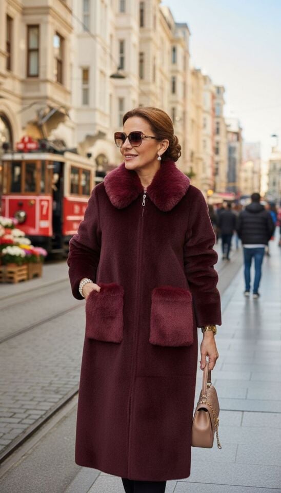 PELUŞ CEPLİ KÜRK KABAN BORDO