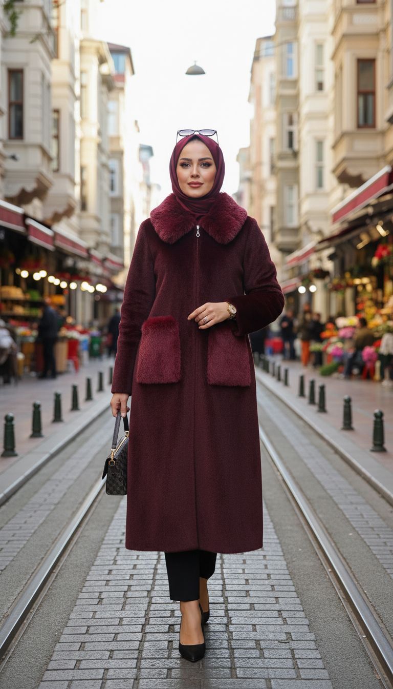 PELUŞ CEPLİ KÜRK KABAN BORDO