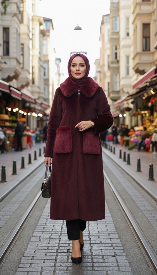 PELUŞ CEPLİ KÜRK KABAN BORDO