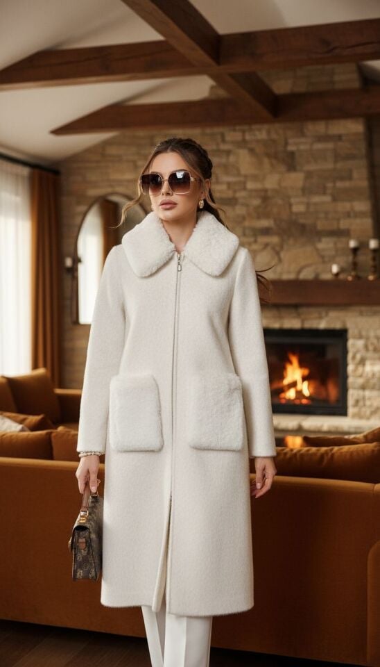 PELUŞ CEPLİ KÜRK KABAN KREM