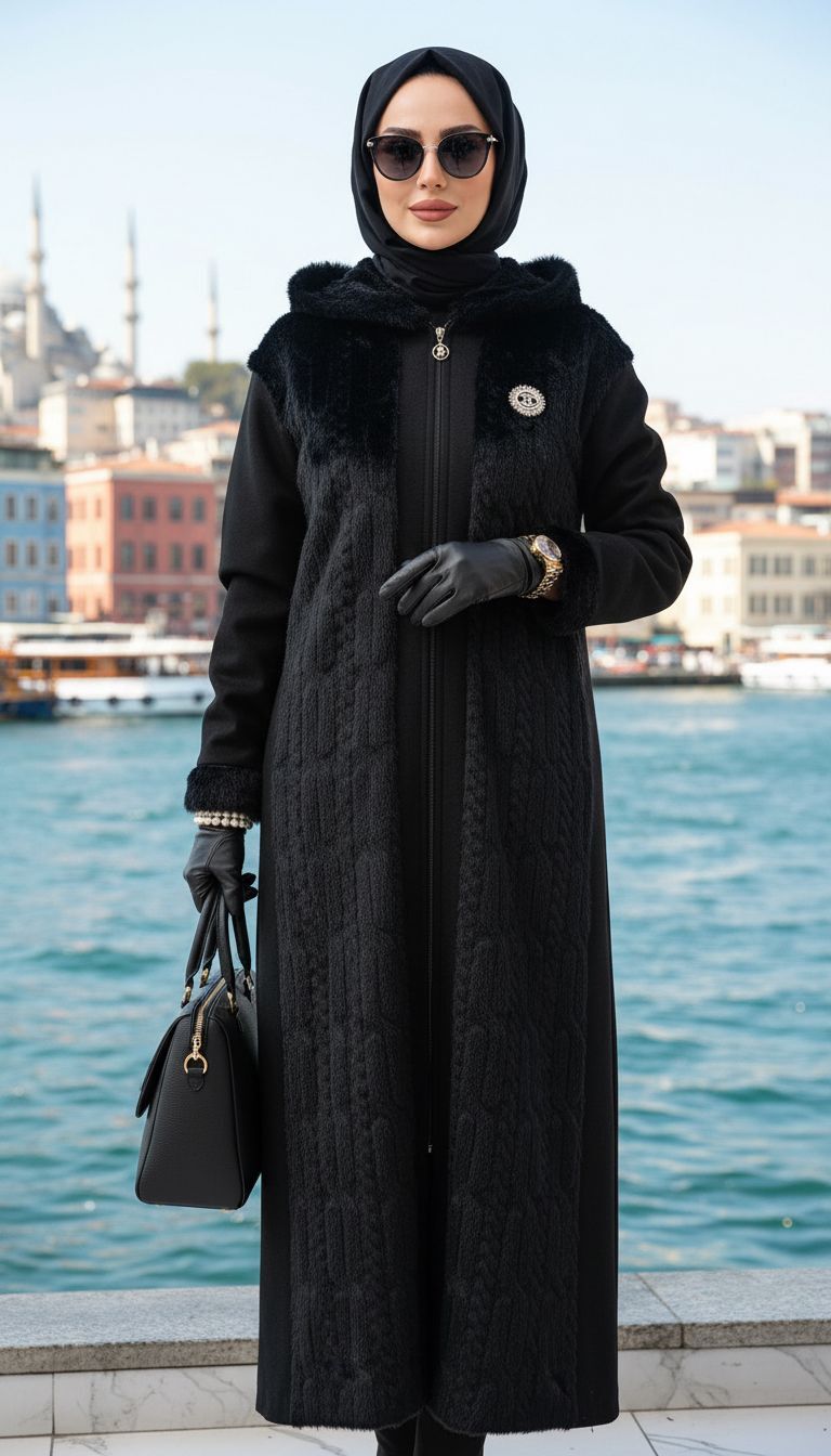 VİZON KÜRK UZUN KABAN SİYAH