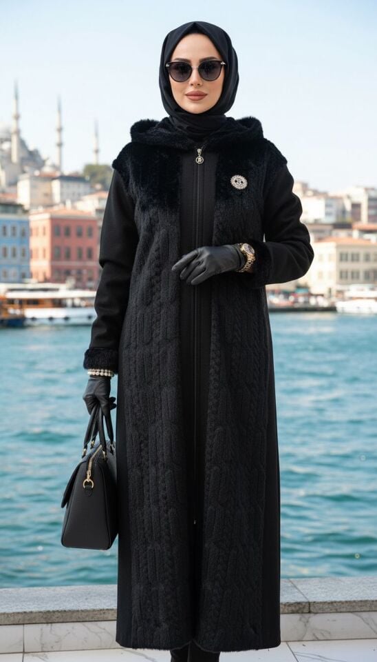 VİZON KÜRK UZUN KABAN SİYAH