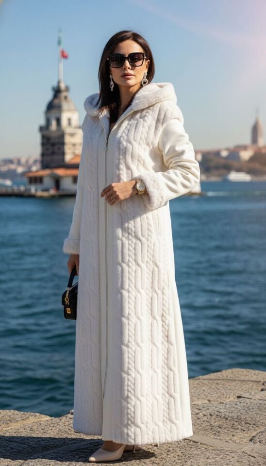 VİZON KÜRK UZUN KABAN KREM